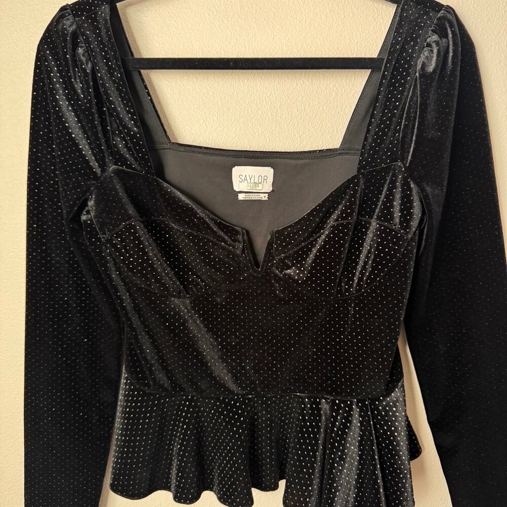 Saylor Elsa Black Velvet Metallic Peplum Top Long Sleeve Party Blouse Sz M - Picture 4 of 11